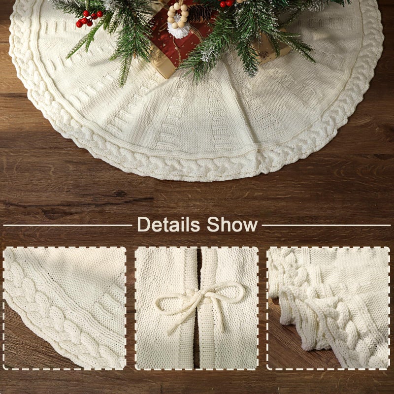 LimBridge 36 Inch Christmas Tree Skirt: Pencil Tree Skirt for 6FT Tree, Braided Cable Knit Cream White Small Tree Skirt, Vintage Tree Skirts, Rustic Farmhouse Christmas Decorations - Image 3